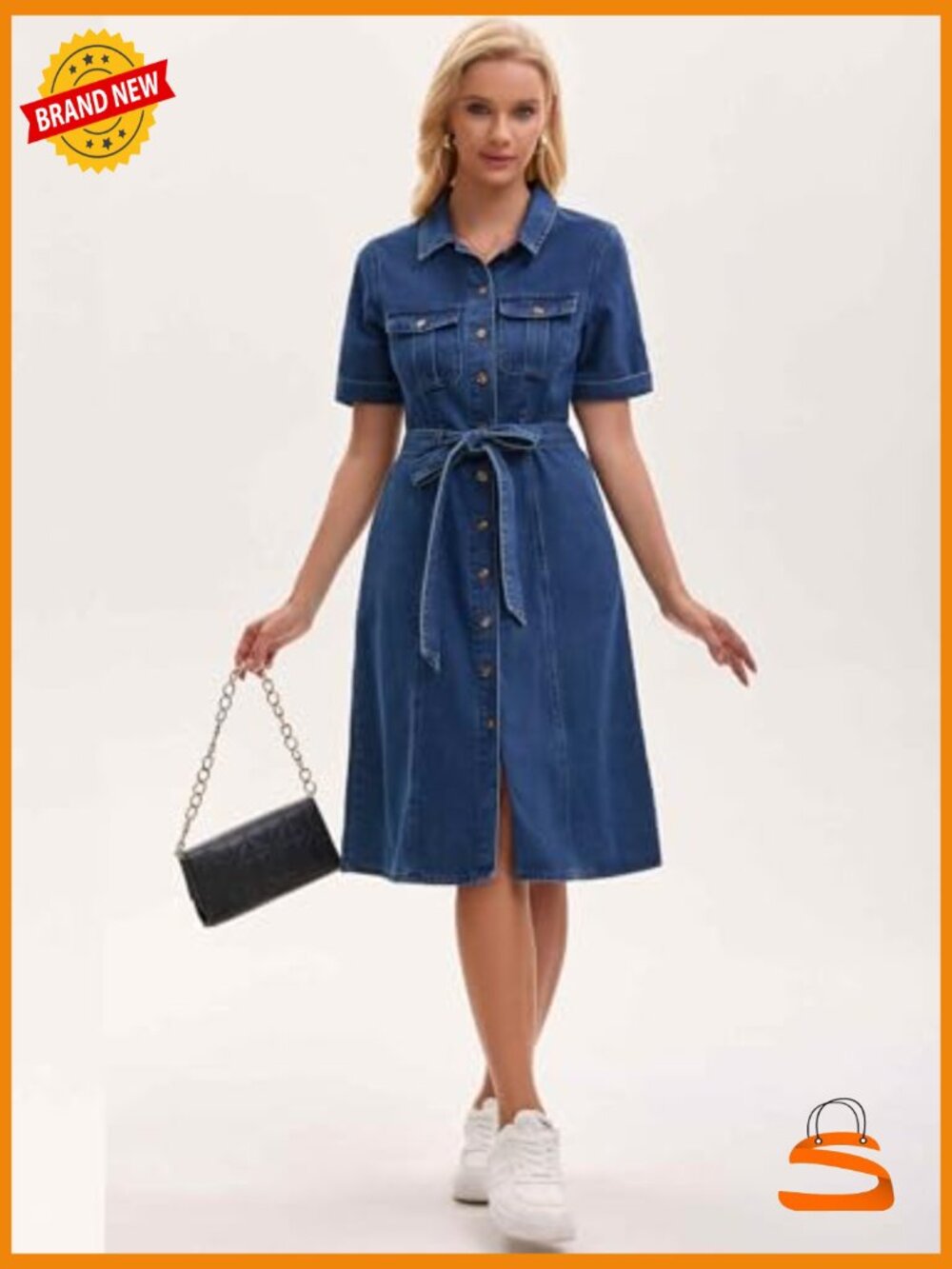 Denim Button Down Dress with Belt and Pockets - Picture 4 of 6